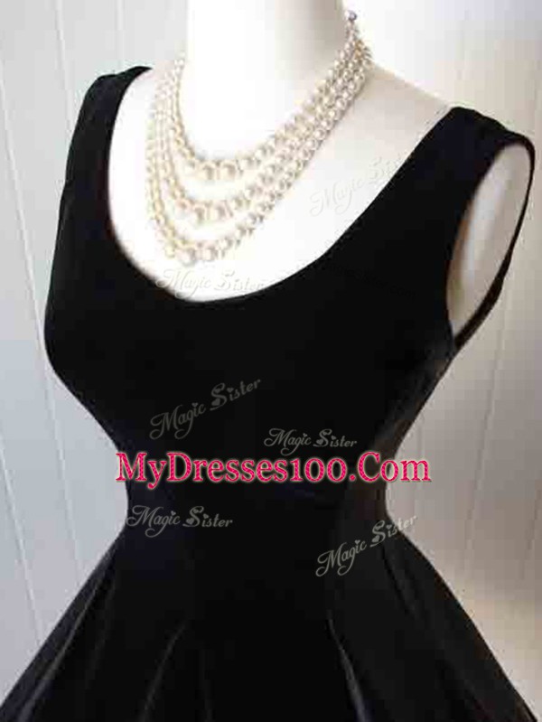 Black Taffeta Zipper Prom Dress Sleeveless Knee Length Bowknot