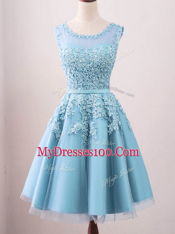 Best Aqua Blue Sleeveless Knee Length Lace Zipper Bridesmaid Dresses