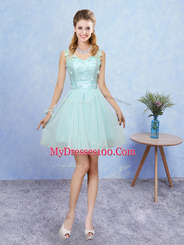 Aqua Blue Straps Lace Up Appliques Bridesmaid Dress Sleeveless