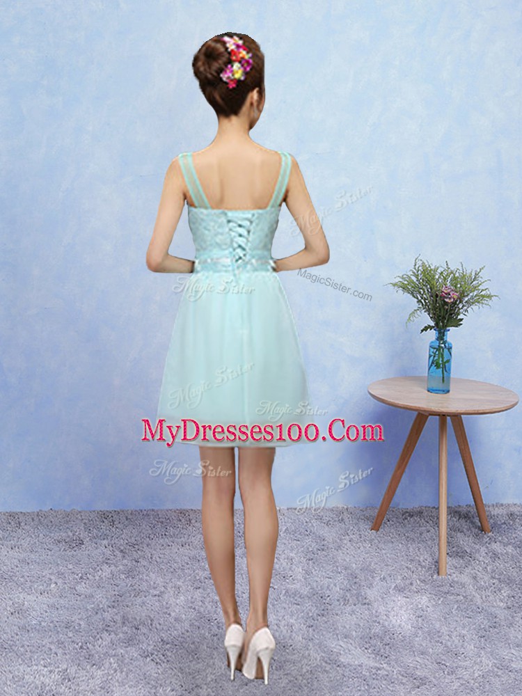 Aqua Blue Straps Lace Up Appliques Bridesmaid Dress Sleeveless