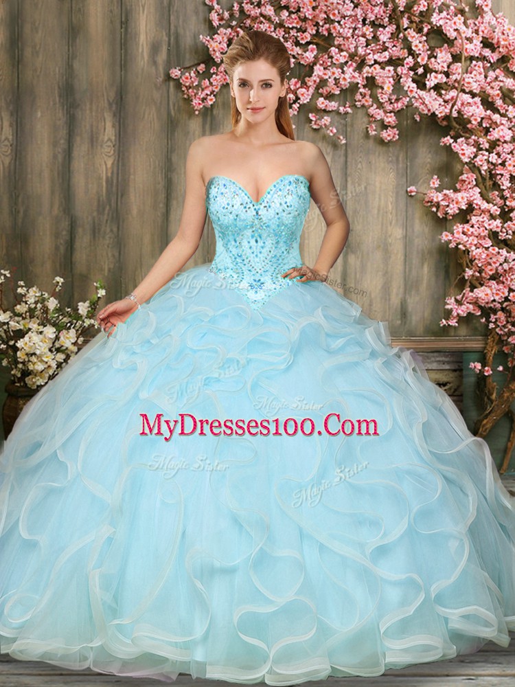 Aqua Blue Sleeveless Floor Length Beading and Ruffles Lace Up Quinceanera Dress