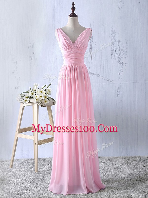 Empire Dama Dress for Quinceanera Baby Pink V-neck Chiffon Sleeveless Floor Length Zipper