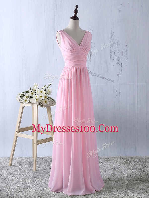 Empire Dama Dress for Quinceanera Baby Pink V-neck Chiffon Sleeveless Floor Length Zipper