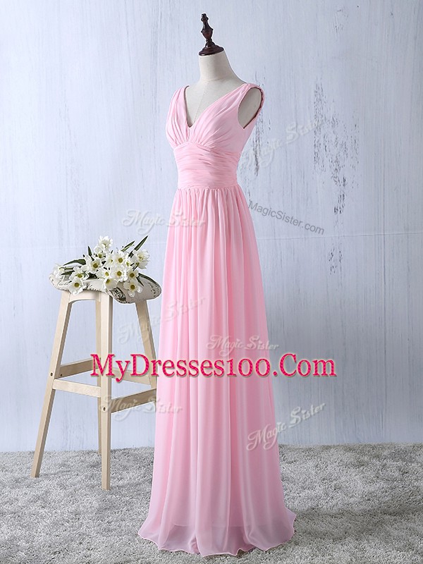 Empire Dama Dress for Quinceanera Baby Pink V-neck Chiffon Sleeveless Floor Length Zipper