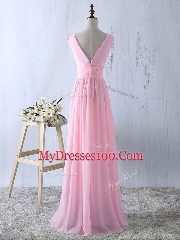 Empire Dama Dress for Quinceanera Baby Pink V-neck Chiffon Sleeveless Floor Length Zipper