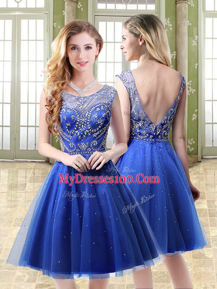 Glorious Royal Blue Tulle Backless Scoop Sleeveless Mini Length Evening Dress Beading