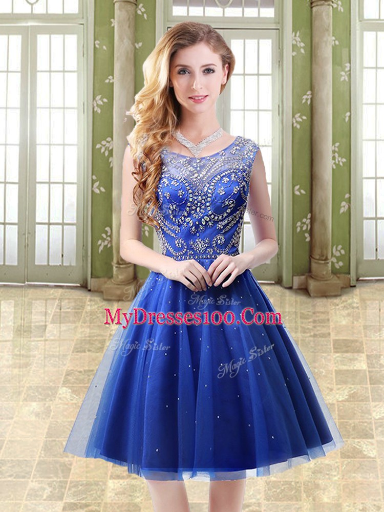 Glorious Royal Blue Tulle Backless Scoop Sleeveless Mini Length Evening Dress Beading