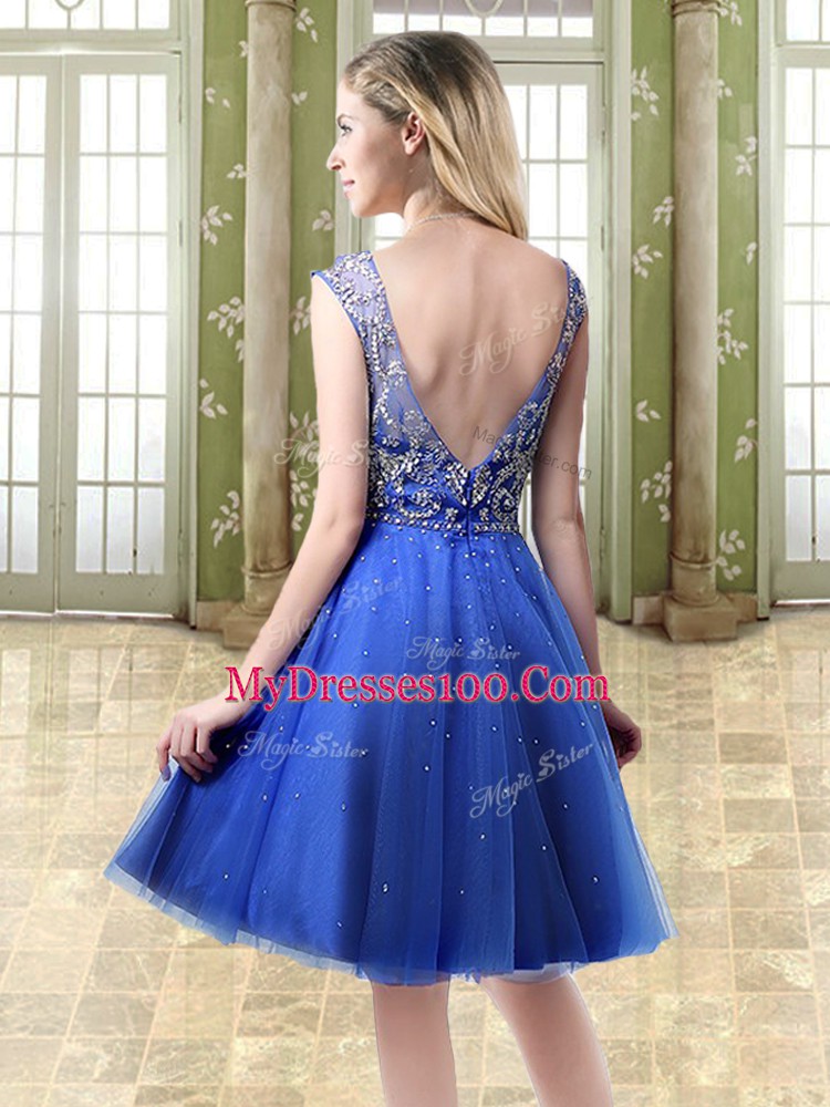 Glorious Royal Blue Tulle Backless Scoop Sleeveless Mini Length Evening Dress Beading