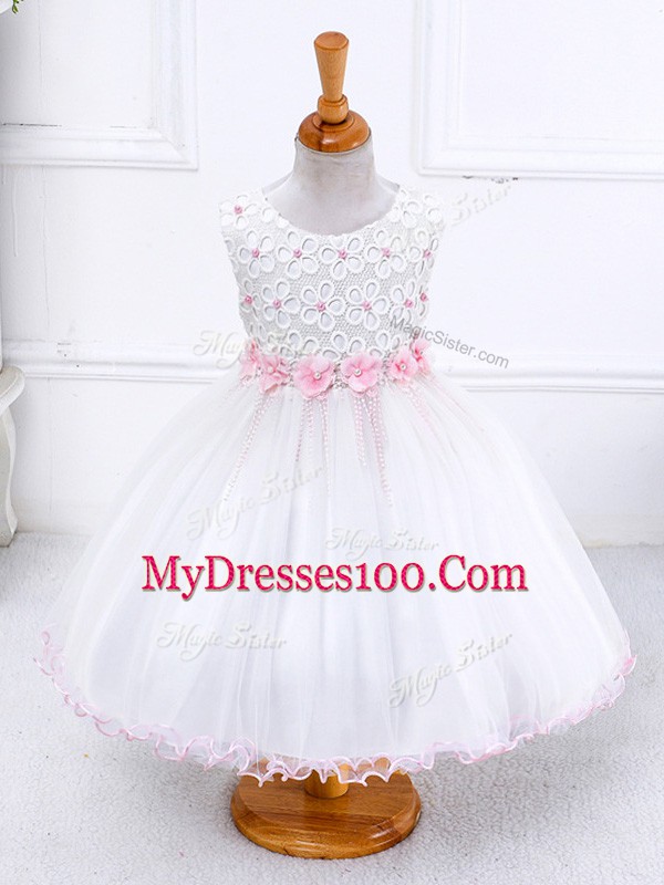 Sleeveless Tea Length Appliques Zipper Girls Pageant Dresses with White