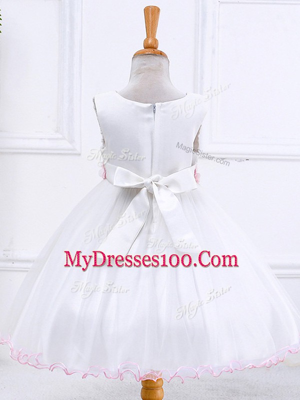Sleeveless Tea Length Appliques Zipper Girls Pageant Dresses with White