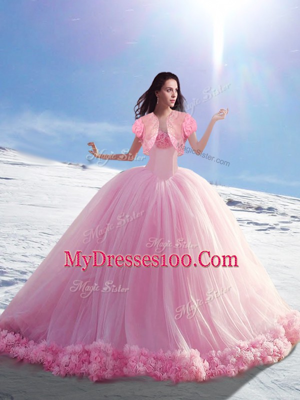 Customized Lace Up Vestidos de Quinceanera Baby Pink for Military Ball and Sweet 16 and Quinceanera with Hand Made Flower Brush Train