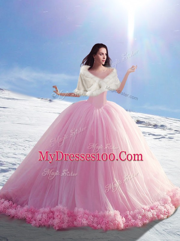 Customized Lace Up Vestidos de Quinceanera Baby Pink for Military Ball and Sweet 16 and Quinceanera with Hand Made Flower Brush Train