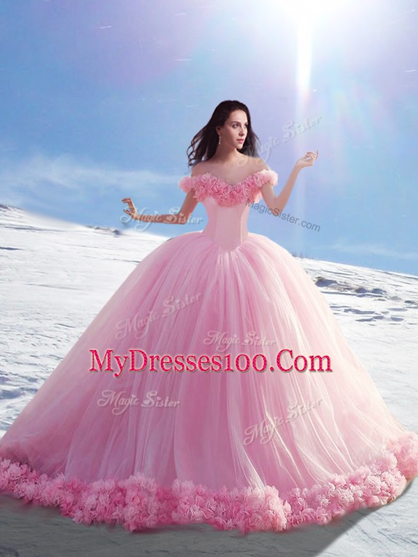 Customized Lace Up Vestidos de Quinceanera Baby Pink for Military Ball and Sweet 16 and Quinceanera with Hand Made Flower Brush Train