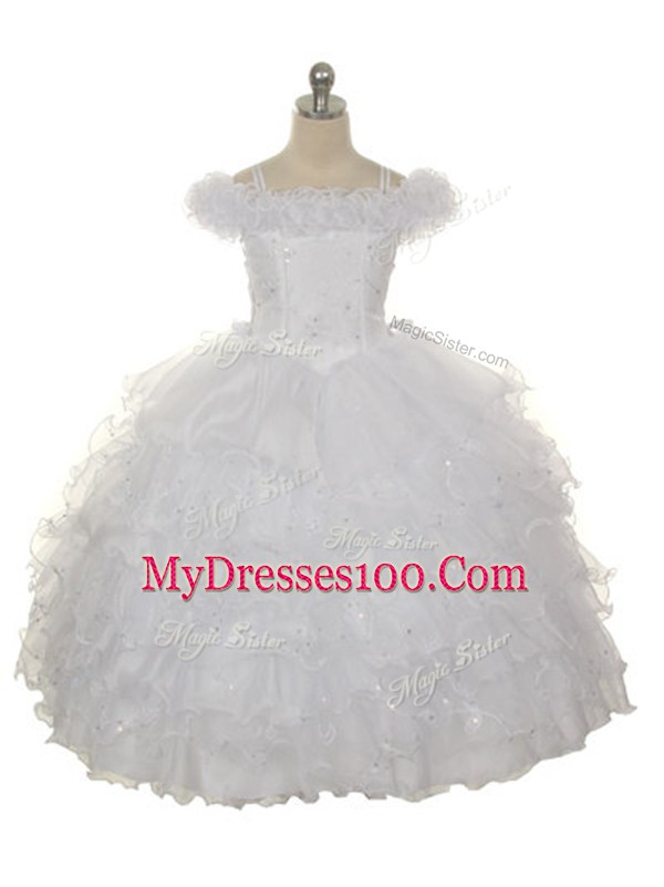 Off The Shoulder Sleeveless Organza Little Girl Pageant Dress Ruffles and Ruffled Layers Lace Up