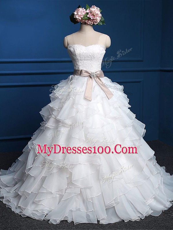 Wonderful Sleeveless Lace and Ruffles Lace Up Wedding Dresses