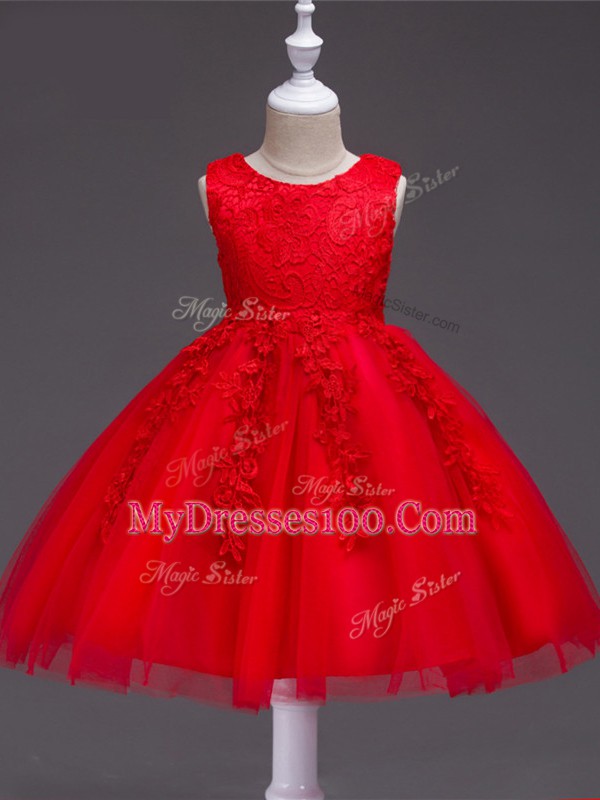 Custom Design Red Ball Gowns Scoop Sleeveless Tulle Knee Length Zipper Appliques Toddler Flower Girl Dress