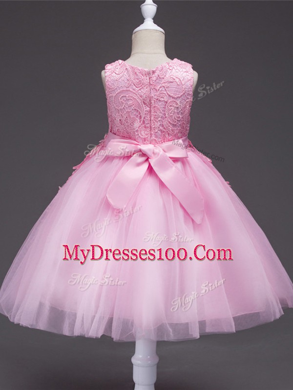 Custom Design Red Ball Gowns Scoop Sleeveless Tulle Knee Length Zipper Appliques Toddler Flower Girl Dress