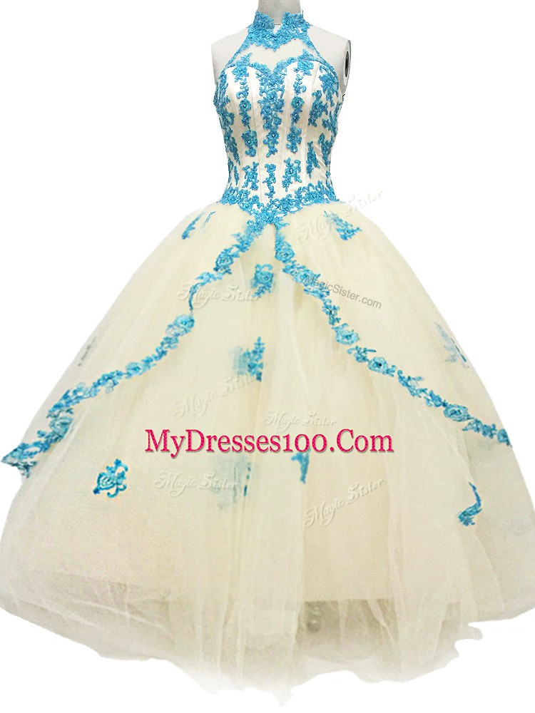 Champagne Halter Top Lace Up Lace and Appliques Prom Dress Sleeveless
