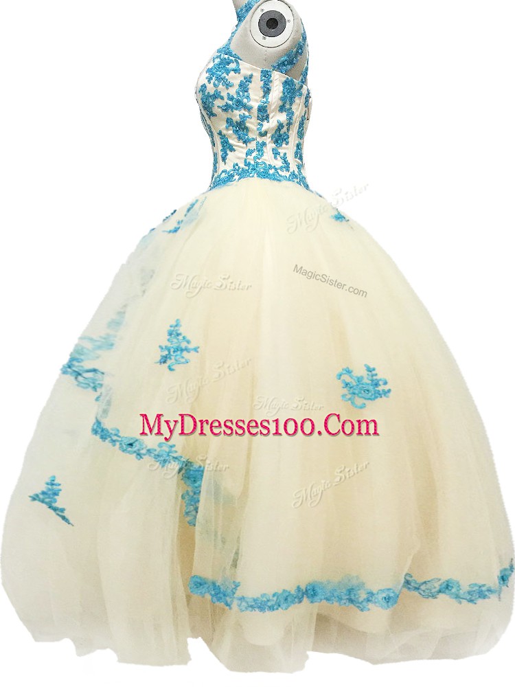 Champagne Halter Top Lace Up Lace and Appliques Prom Dress Sleeveless