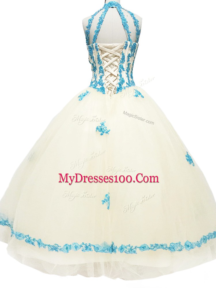Champagne Halter Top Lace Up Lace and Appliques Prom Dress Sleeveless