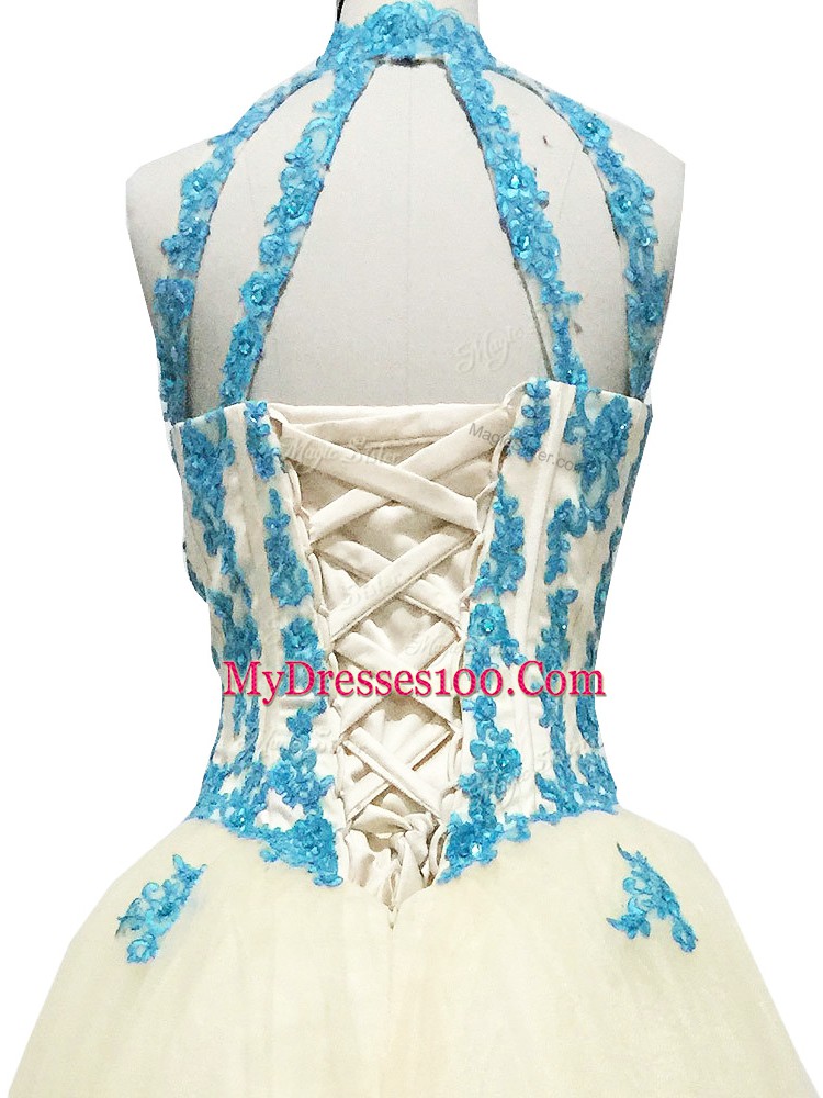 Champagne Halter Top Lace Up Lace and Appliques Prom Dress Sleeveless