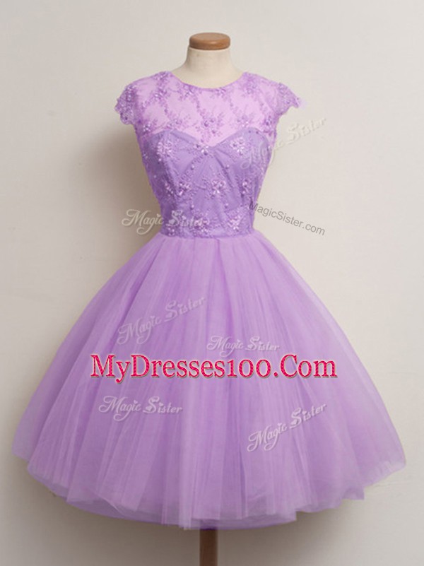 Exquisite Cap Sleeves Lace Up Knee Length Lace Bridesmaid Gown