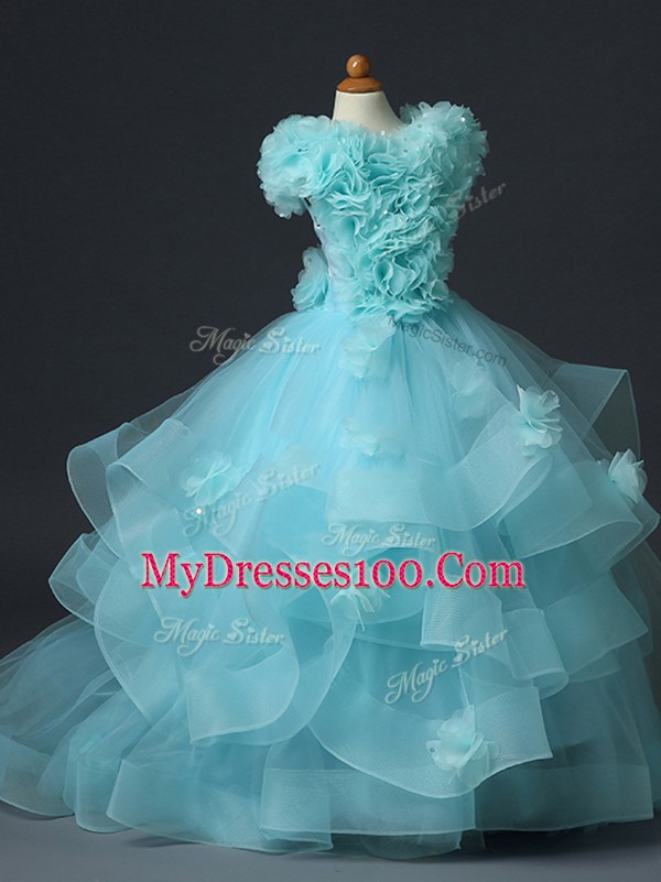 Best Ruffles and Hand Made Flower Pageant Gowns For Girls Aqua Blue Lace Up Sleeveless Floor Length