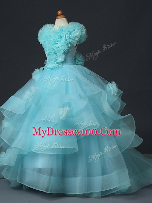 Best Ruffles and Hand Made Flower Pageant Gowns For Girls Aqua Blue Lace Up Sleeveless Floor Length