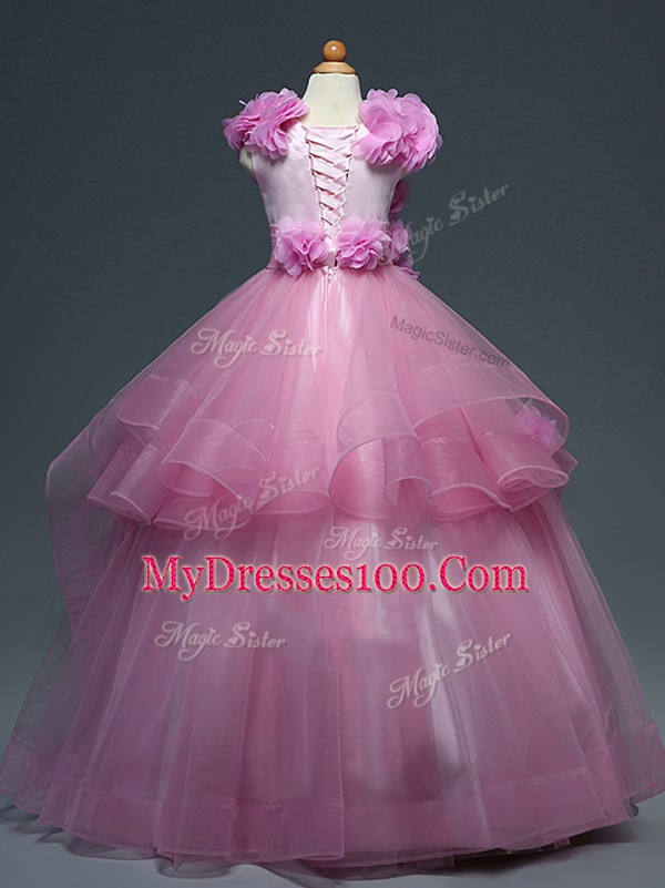 Best Ruffles and Hand Made Flower Pageant Gowns For Girls Aqua Blue Lace Up Sleeveless Floor Length