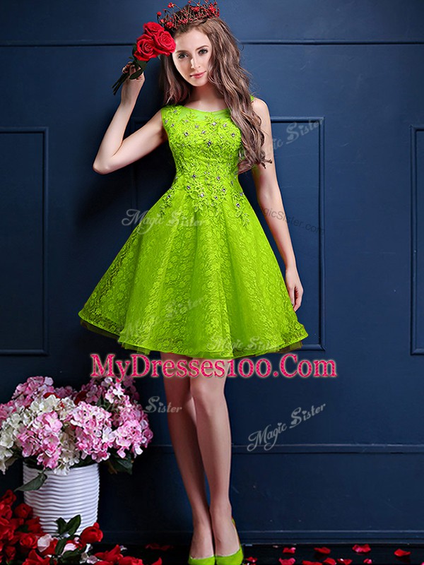 Flare A-line Wedding Guest Dresses Green Bateau Tulle Sleeveless Knee Length Lace Up