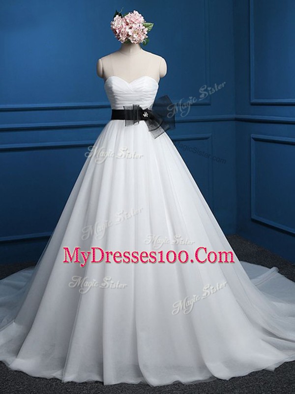 Shining White Lace Up Wedding Gown Ruching and Bowknot Sleeveless Court Train