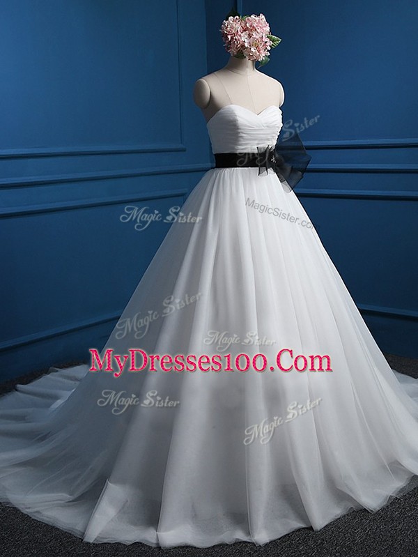 Shining White Lace Up Wedding Gown Ruching and Bowknot Sleeveless Court Train