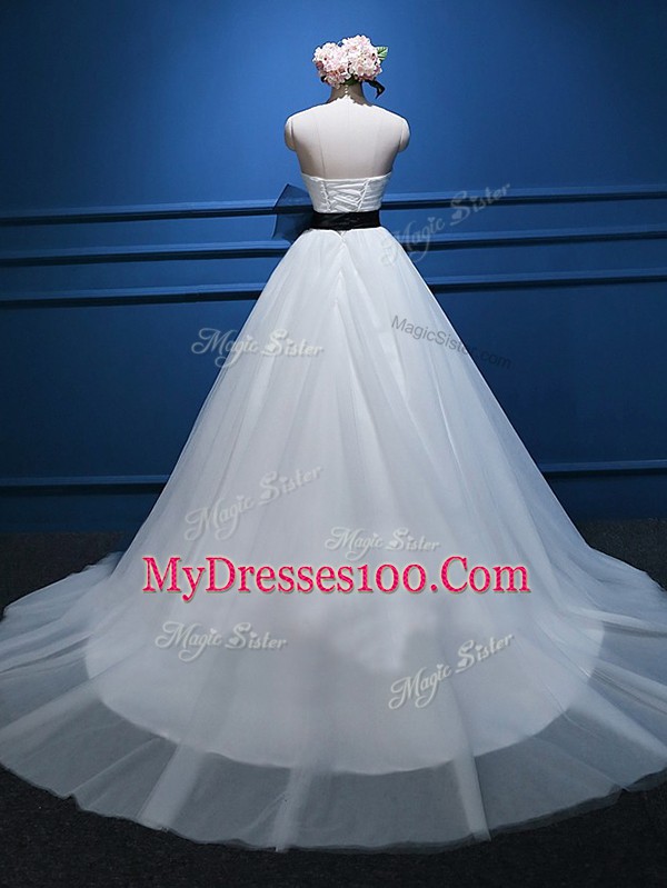 Shining White Lace Up Wedding Gown Ruching and Bowknot Sleeveless Court Train