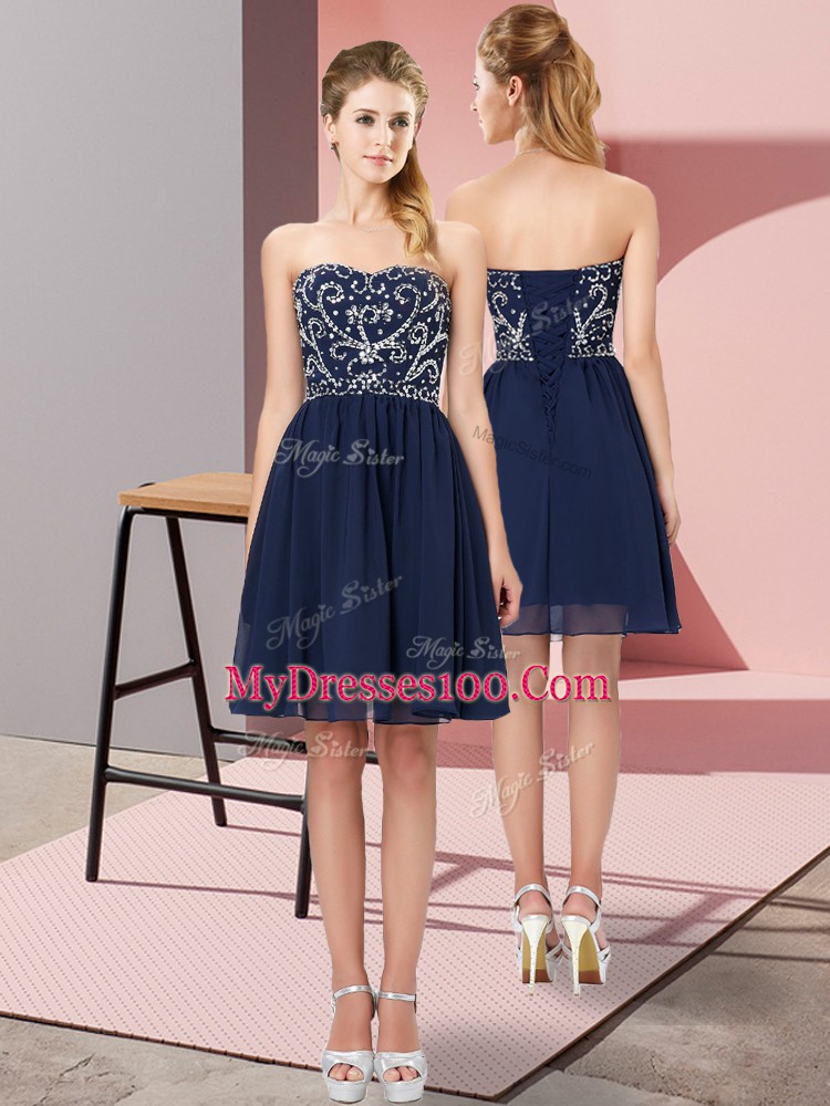 Navy Blue Sleeveless Chiffon Lace Up Evening Dress for Prom and Party and Sweet 16