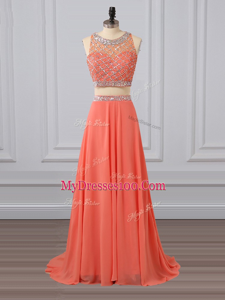 Chiffon Sleeveless Prom Dresses Brush Train and Beading