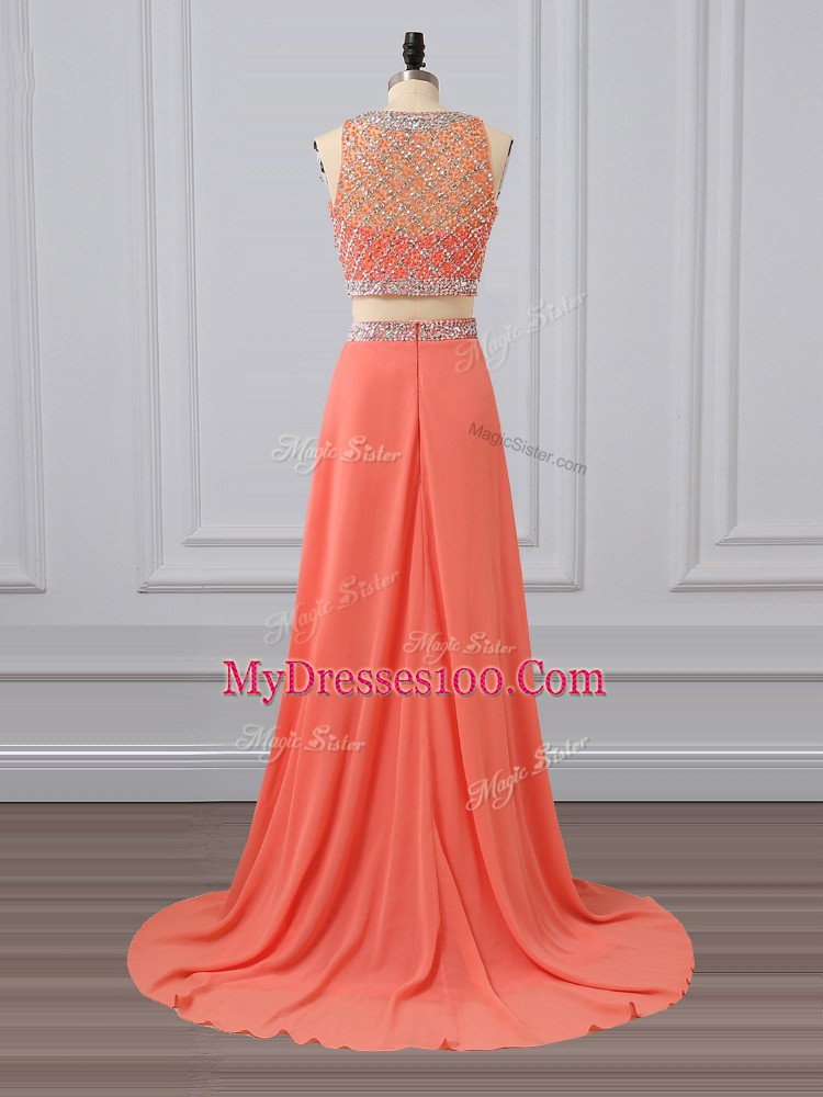 Chiffon Sleeveless Prom Dresses Brush Train and Beading
