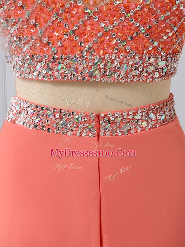 Chiffon Sleeveless Prom Dresses Brush Train and Beading