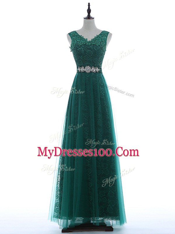 Dazzling Green Tulle Zipper Dress for Prom Sleeveless Floor Length Beading and Appliques