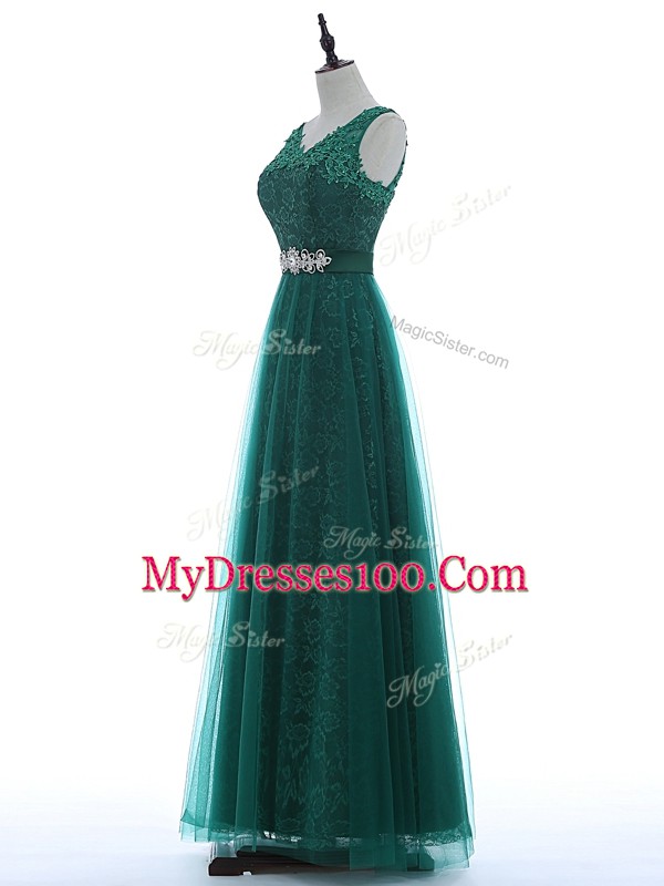 Dazzling Green Tulle Zipper Dress for Prom Sleeveless Floor Length Beading and Appliques