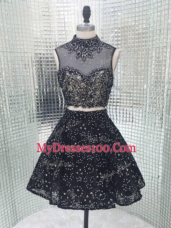 Colorful Black Sequined Backless Sleeveless Mini Length Beading and Lace and Appliques