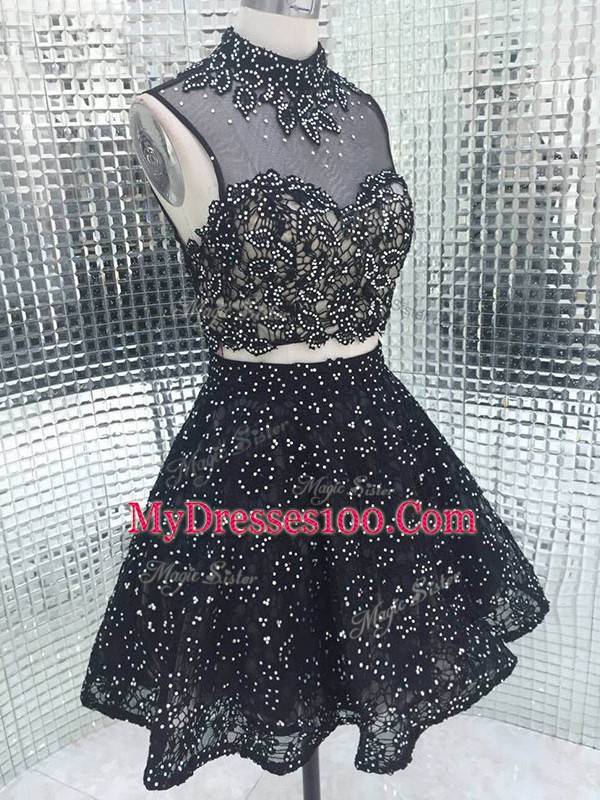 Colorful Black Sequined Backless Sleeveless Mini Length Beading and Lace and Appliques