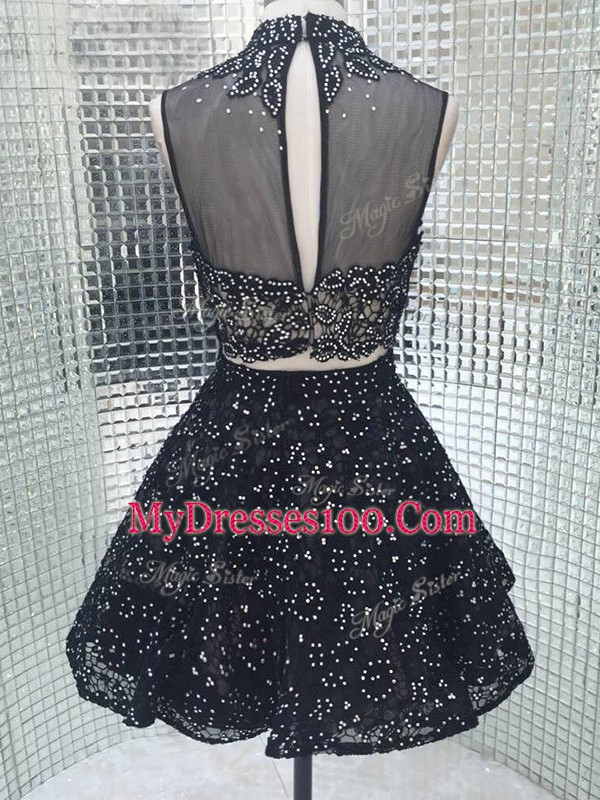 Colorful Black Sequined Backless Sleeveless Mini Length Beading and Lace and Appliques