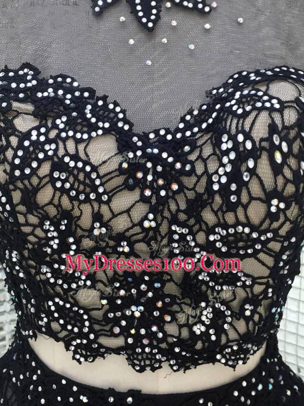 Colorful Black Sequined Backless Sleeveless Mini Length Beading and Lace and Appliques