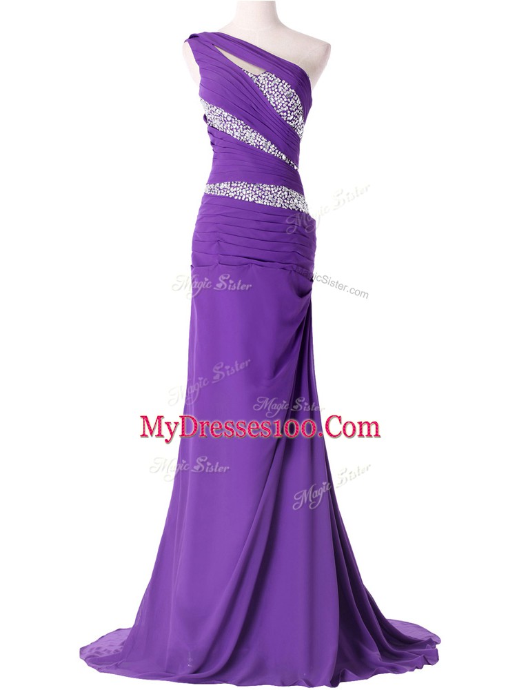 Purple Sleeveless Beading and Ruching Lace Up Dress for Prom