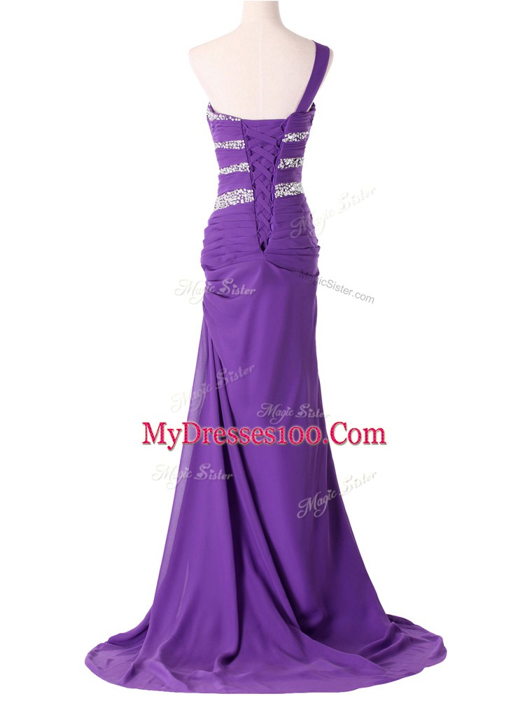 Purple Sleeveless Beading and Ruching Lace Up Dress for Prom