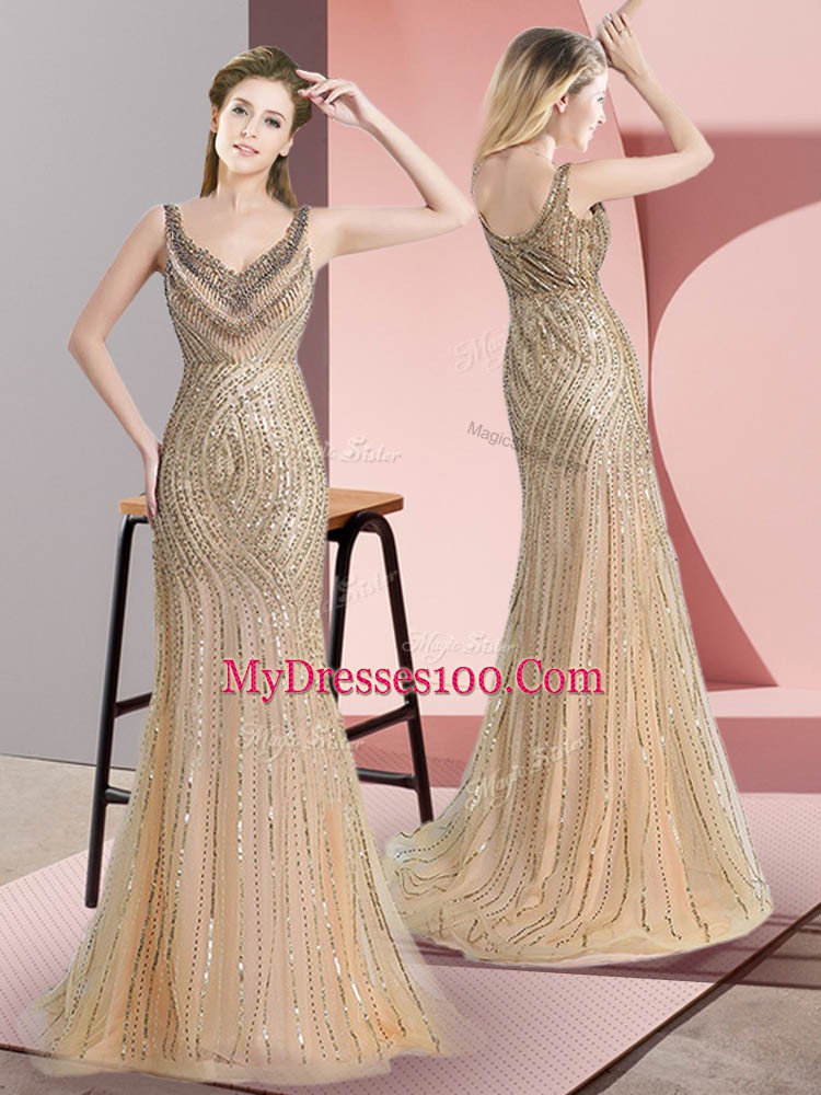 Champagne Tulle Zipper Evening Dress Sleeveless Brush Train Beading and Sequins