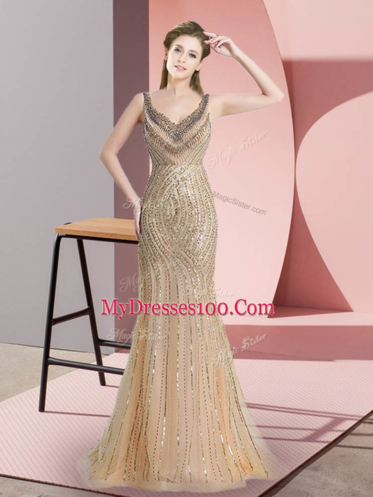 Champagne Tulle Zipper Evening Dress Sleeveless Brush Train Beading and Sequins