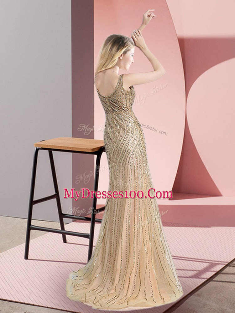 Champagne Tulle Zipper Evening Dress Sleeveless Brush Train Beading and Sequins