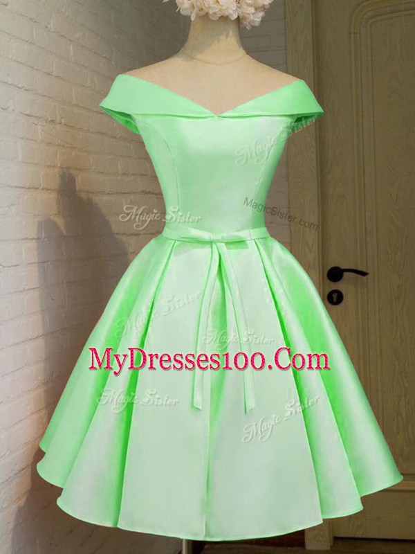 Excellent A-line Taffeta Off The Shoulder Cap Sleeves Belt Knee Length Lace Up Wedding Party Dress