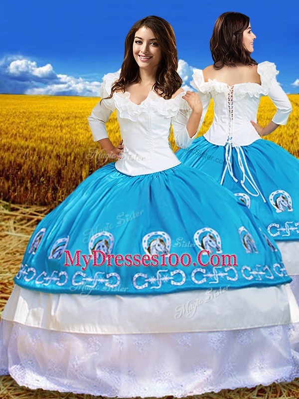 Artistic Off The Shoulder 3 4 Length Sleeve Quinceanera Dress Floor Length Embroidery Blue And White Taffeta